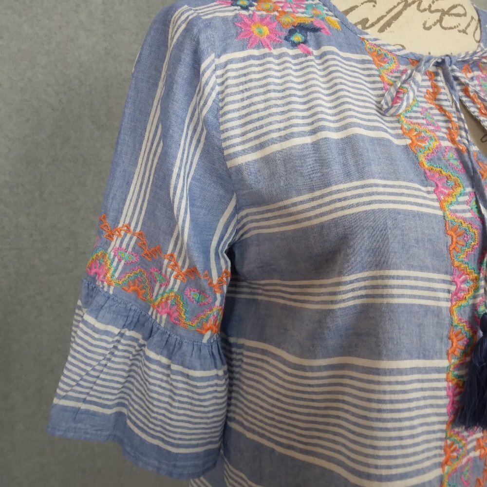 THML | Embroidered Striped Boho Cotton Top Blue White | Size M - Picture 4 of 10